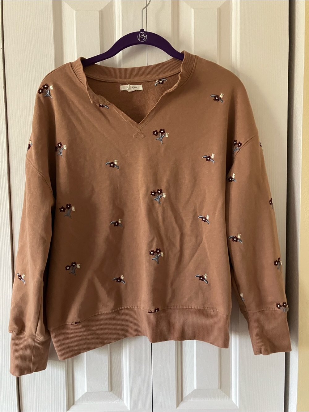 Maurices Brown V-Neck Embroidered Floral Pullover